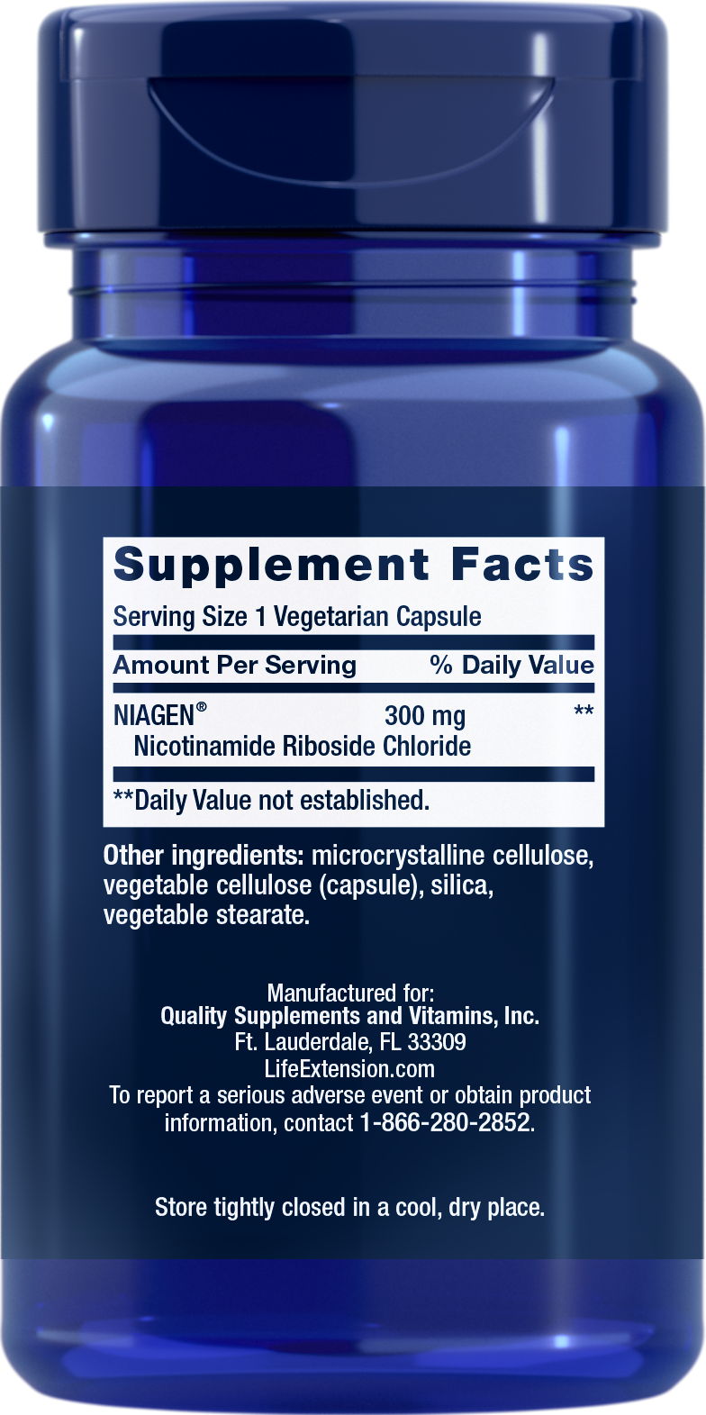 Life Extension NAD+ Cell Regenerator supplement Blue supplement bottle with label showing 'Supplement Facts' on a white background
