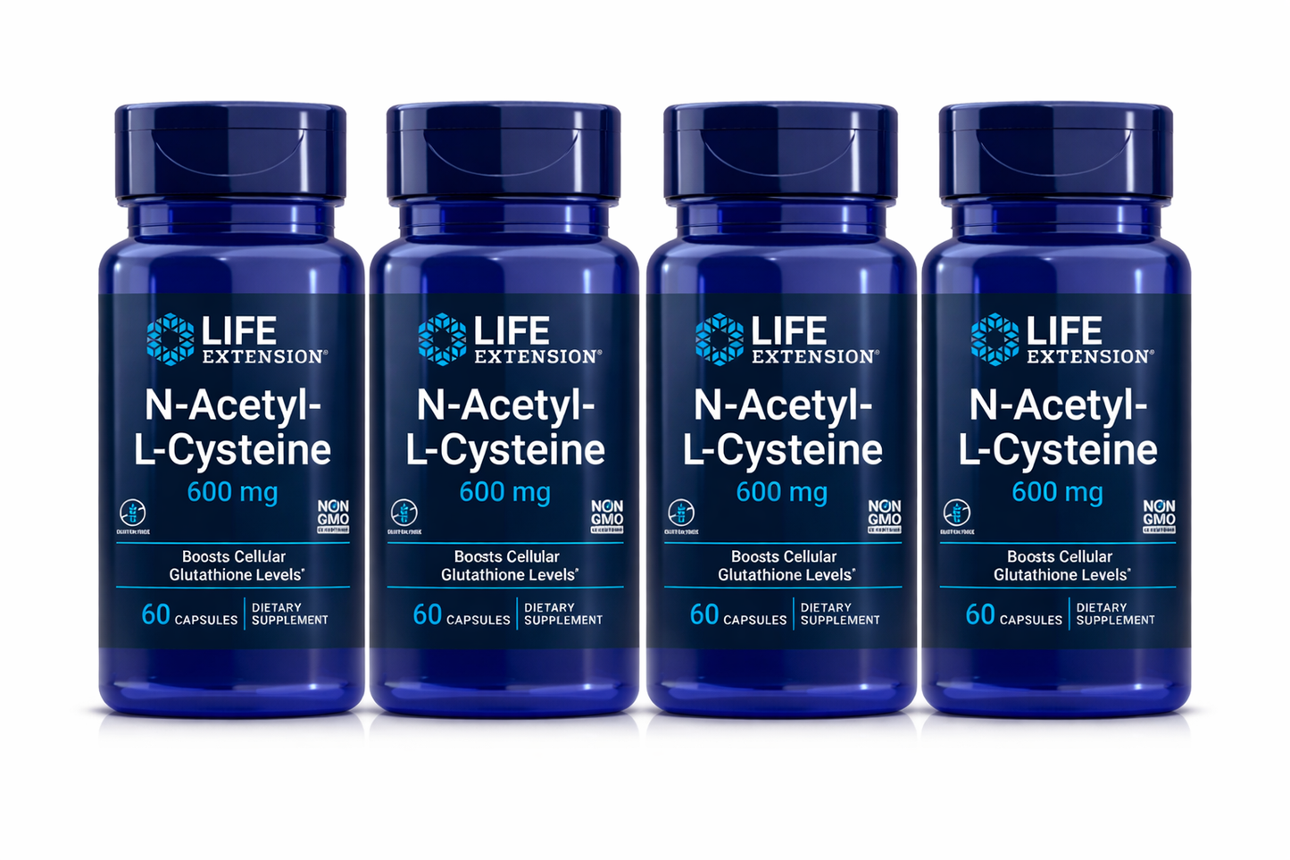 Four bottles of Life Extension N-Acetyl-L-Cysteine 600 mg on a white background