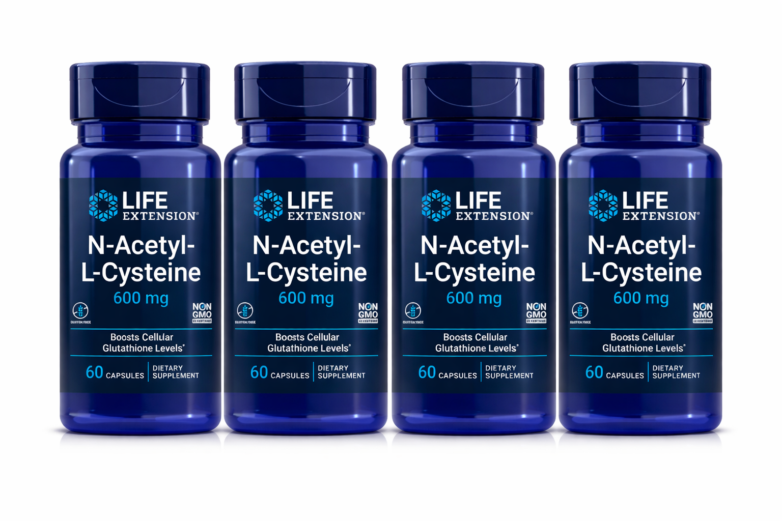 Four bottles of Life Extension N-Acetyl-L-Cysteine 600 mg on a white background