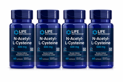 Four bottles of Life Extension N-Acetyl-L-Cysteine 600 mg on a white background