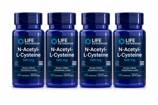Four bottles of Life Extension N-Acetyl-L-Cysteine 600 mg on a white background
