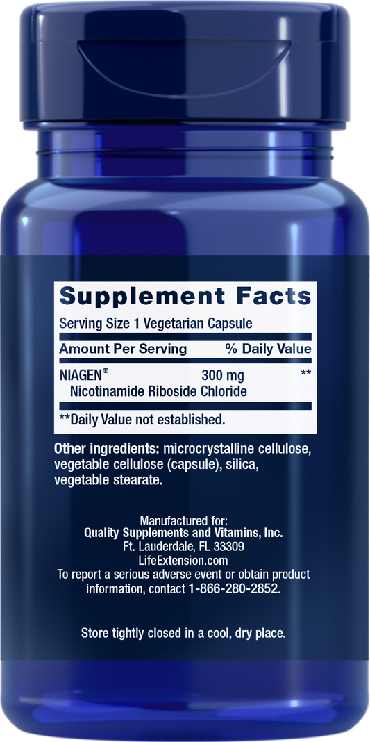 Life Extension NAD+ Cell Regenerator supplement Blue supplement bottle with label showing 'Supplement Facts' on a white background