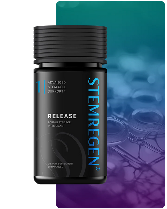 Black supplement bottle labeled 'STEMREGEN' on a white background