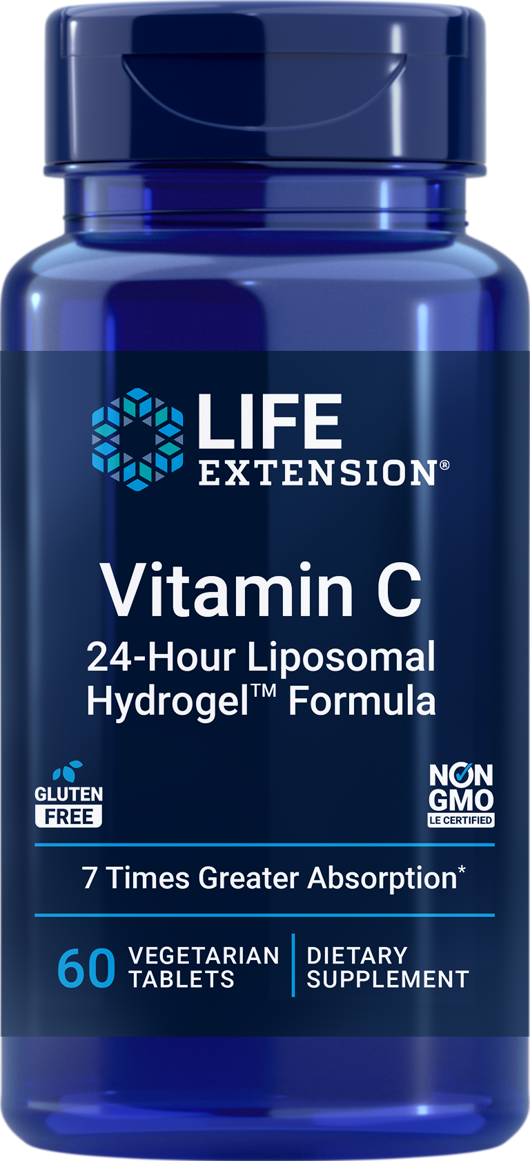 Blue bottle of Life Extension Vitamin C supplement with text on a white background