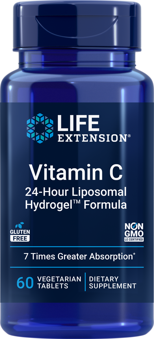 Blue bottle of Life Extension Vitamin C supplement with text on a white background