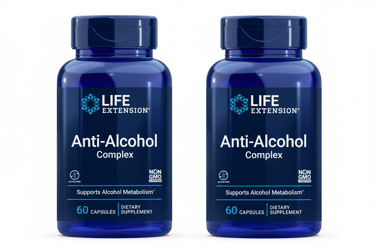 Two bottles of Life Extension Anti-Alcohol Complex on a white background