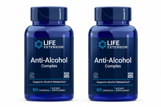 Two bottles of Life Extension Anti-Alcohol Complex on a white background