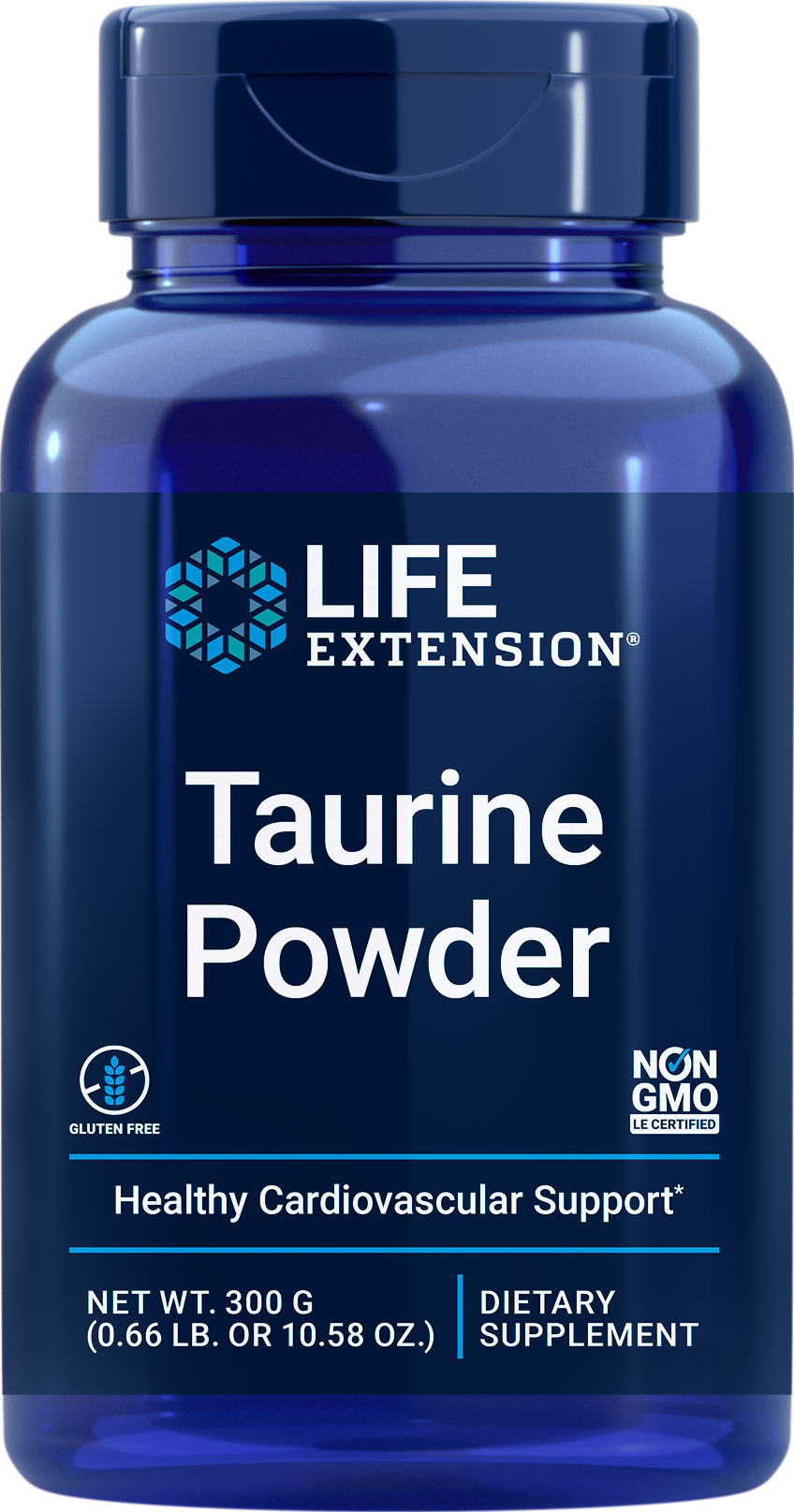 A blue plastic bottle of Life Extension Taurine Powder dietary supplement, featuring a dark blue label with white text and a teal logo.