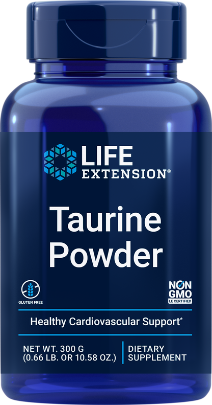 A blue plastic bottle of Life Extension Taurine Powder dietary supplement, featuring a dark blue label with white text and a teal logo.