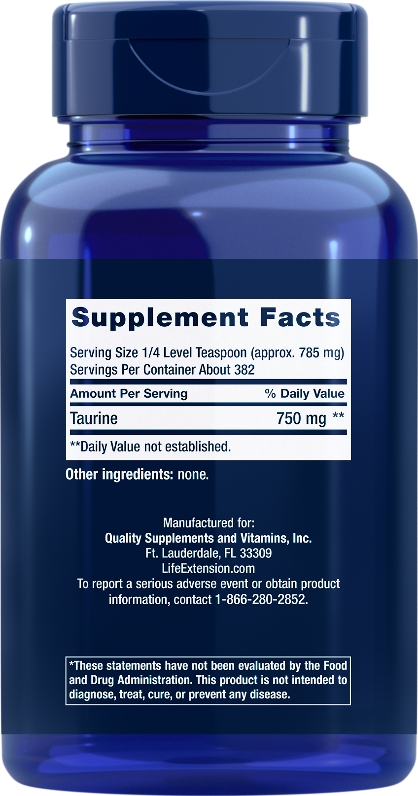 A blue plastic bottle of dietary supplements with a dark blue cap, showing the Supplement Facts label for Taurine.