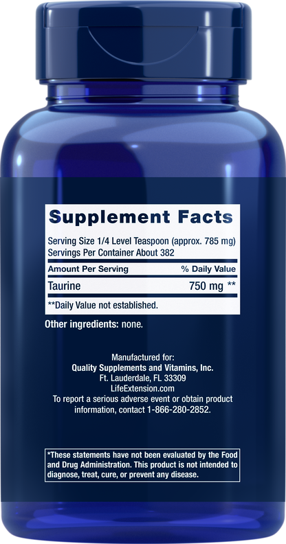 A blue plastic bottle of dietary supplements with a dark blue cap, showing the Supplement Facts label for Taurine.