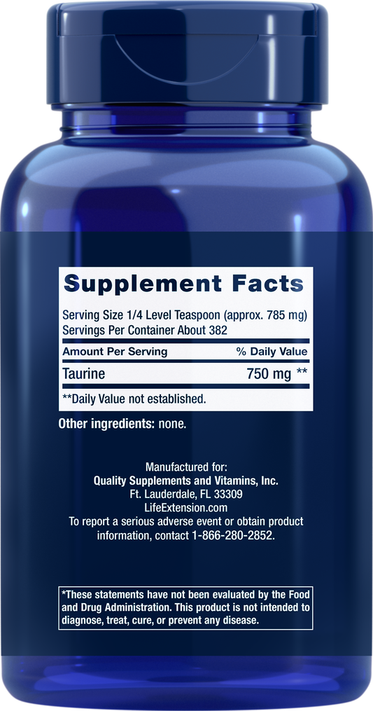 A blue plastic bottle of dietary supplements with a dark blue cap, showing the Supplement Facts label for Taurine.